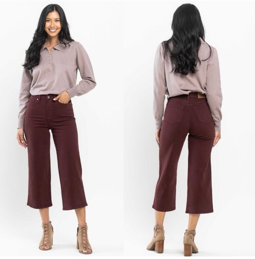 Judy Blue Jeans Womens 30 Burgundy Garment Dyed Wide Leg Crop Tummy Control Boho